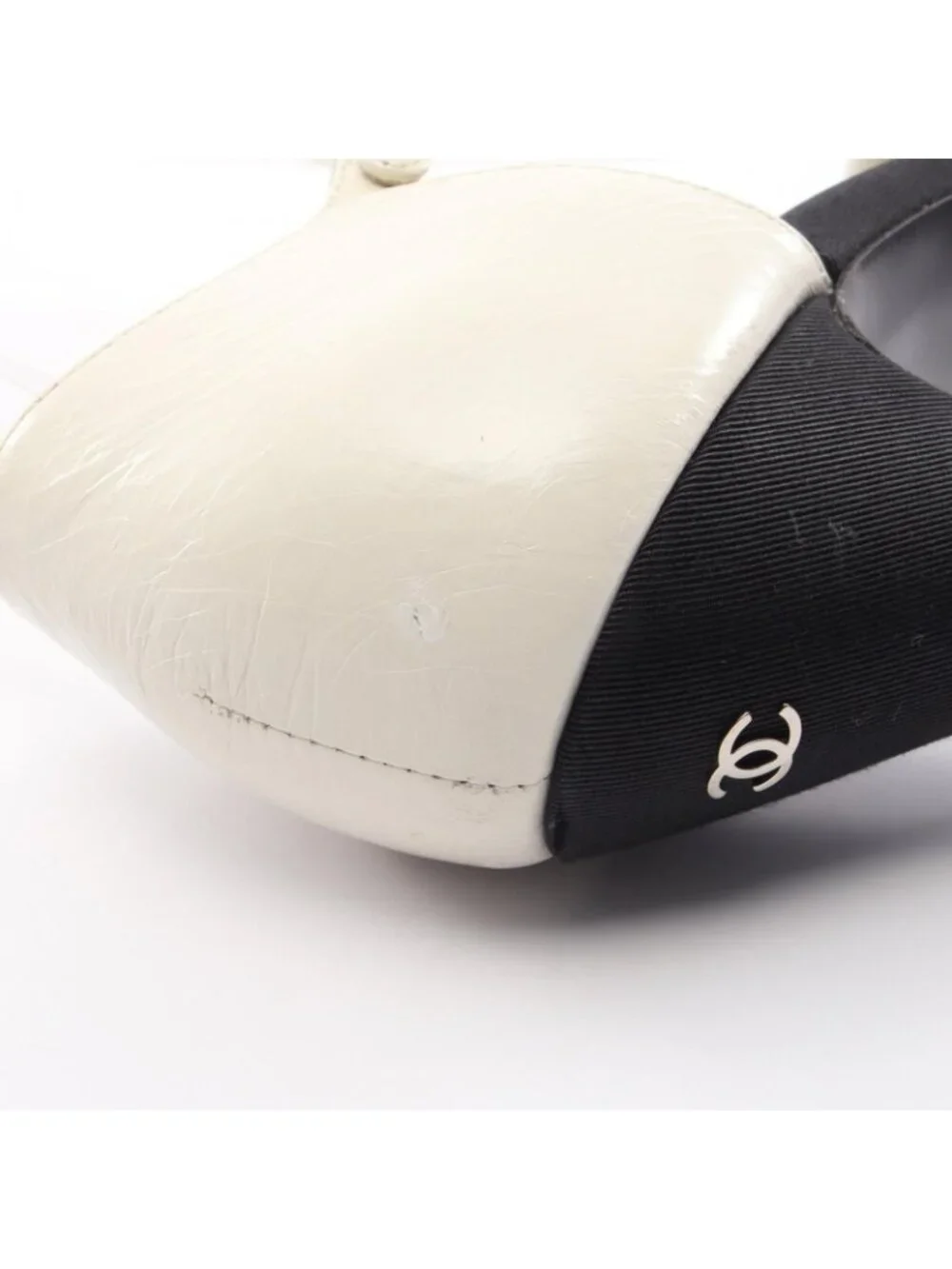 Chanel Pumps Pointed Toe Ribbon Leather Fabric Heel 36
